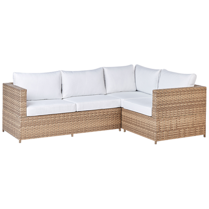 Corner Sofa Set Light Wood Rattan Off White Cushions Table