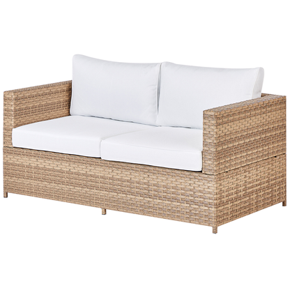 Corner Sofa Set Light Wood Rattan Off White Cushions Table