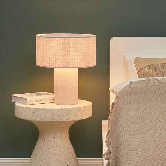 Bedside Table Lamp Grey Cotton Linen Drum Shade 30cm