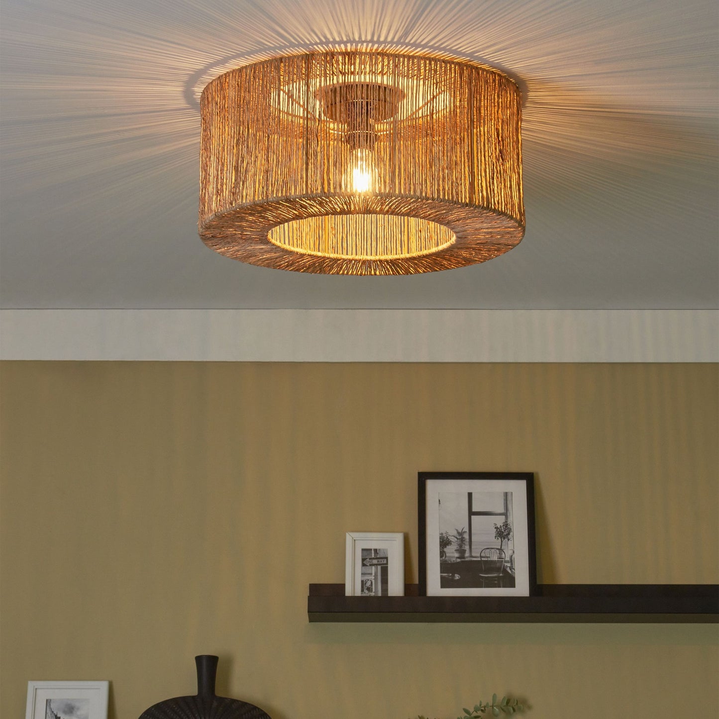 Ceiling Lamp Natural Jute Shade Black Iron Base