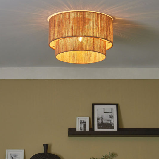 Ceiling Lamp Natural Jute Shade Black Iron Base Hanging Light For Living Room