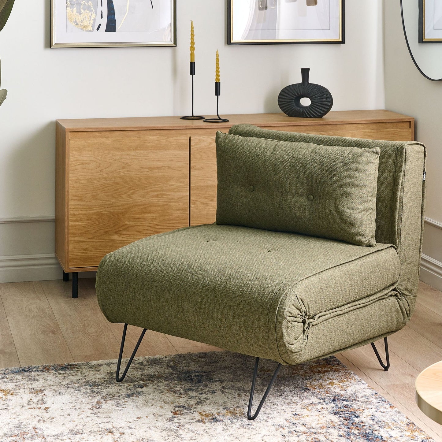 Small Olive Green Fabric Sofa Bed 1 Seater Fold-Out Sleeper