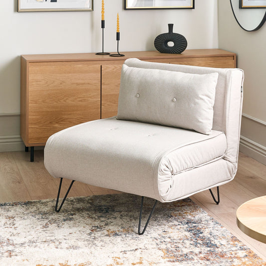 Small Sofa Bed Light Beige Fabric 1 Seater Fold Out Sleeper Armless With Cushion Metal Black Legs
