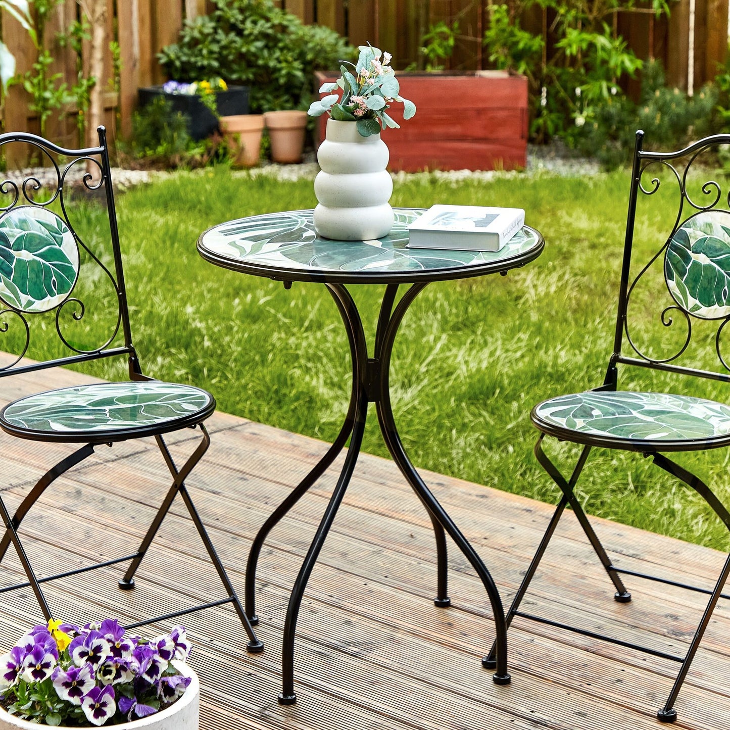 Vintage Green Mosaic Bistro Set In Black Iron Frame