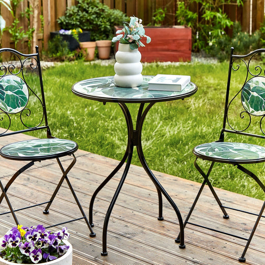 Vintage Green Mosaic Bistro Set In Black Iron Frame