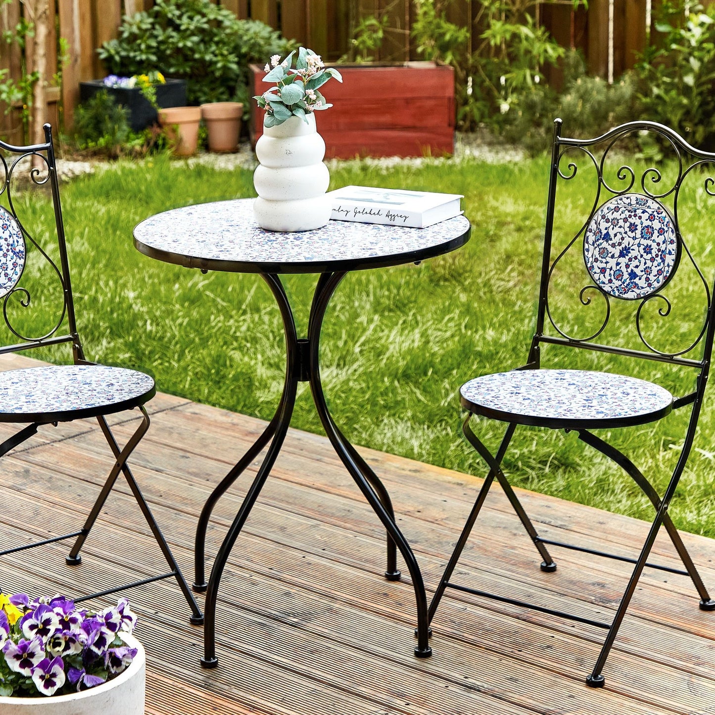 Garden Elegance Outdoor Bistro Set Black Metal Frame Blue Mosaic Tiles Vintage Style Table And Chairs