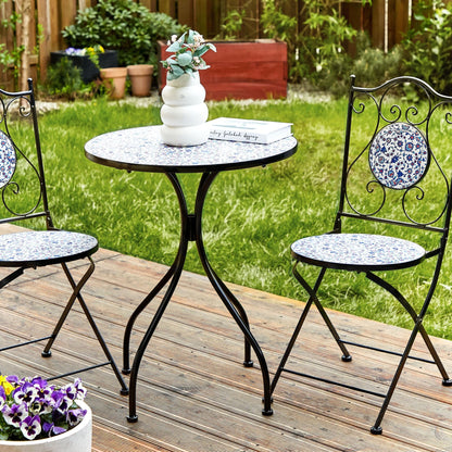 Garden Elegance Outdoor Bistro Set Black Metal Frame Blue Mosaic Tiles Vintage Style Table And Chairs