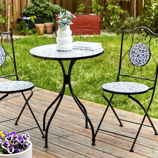 Garden Elegance Outdoor Bistro Set Black Metal Frame Blue Mosaic Tiles Vintage Style Table And Chairs