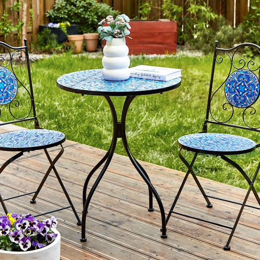 Heritage Garden Bistro Set Black Metal Table And 2 Chairs Blue Mosaic