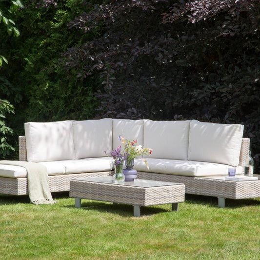 Veranda Luxe Corner Sofa Garden Set With Off White Cushions Beige Faux Rattan 5 Seater Coffee Table