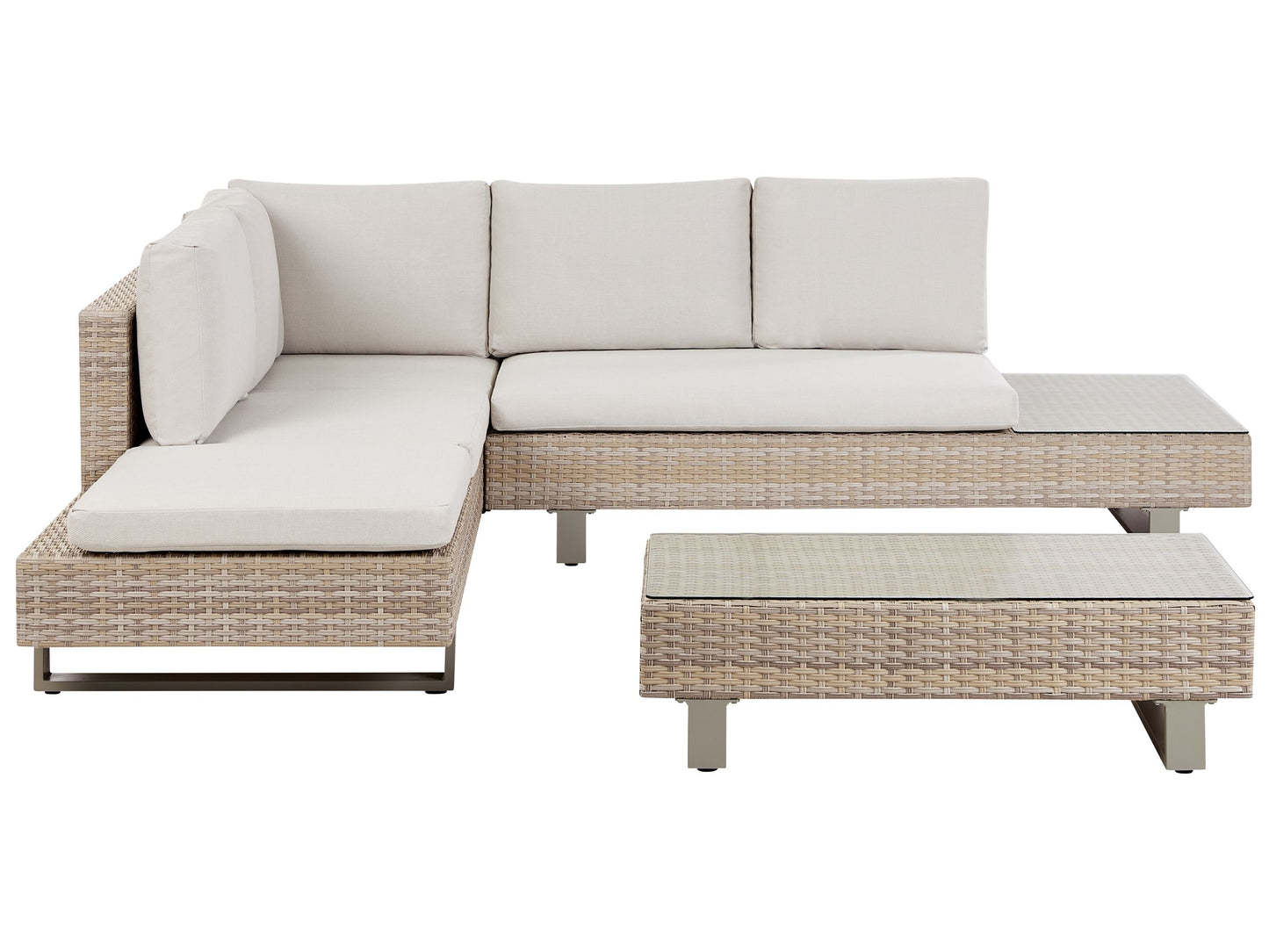 Veranda Luxe Corner Sofa Garden Set With Off White Cushions Beige Faux Rattan 5 Seater Coffee Table