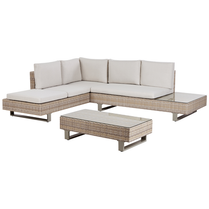Veranda Luxe Corner Sofa Garden Set With Off White Cushions Beige Faux Rattan 5 Seater Coffee Table