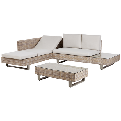 Veranda Luxe Corner Sofa Garden Set With Off White Cushions Beige Faux Rattan 5 Seater Coffee Table