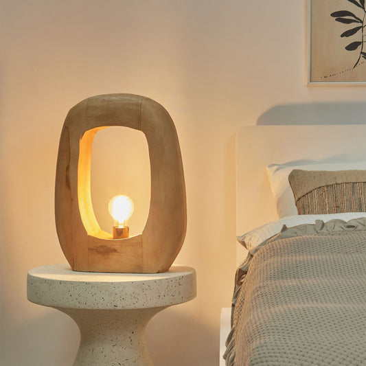 Living Mango Wood Table Lamp Open Shade Irregular Shape