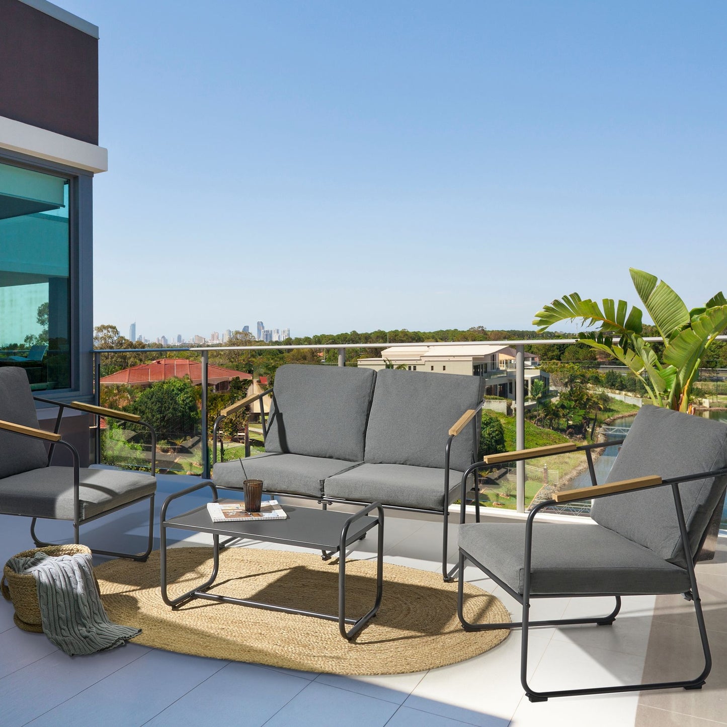 Grey Steel Garden Sofa Set 4 Seater With Table Industrial
