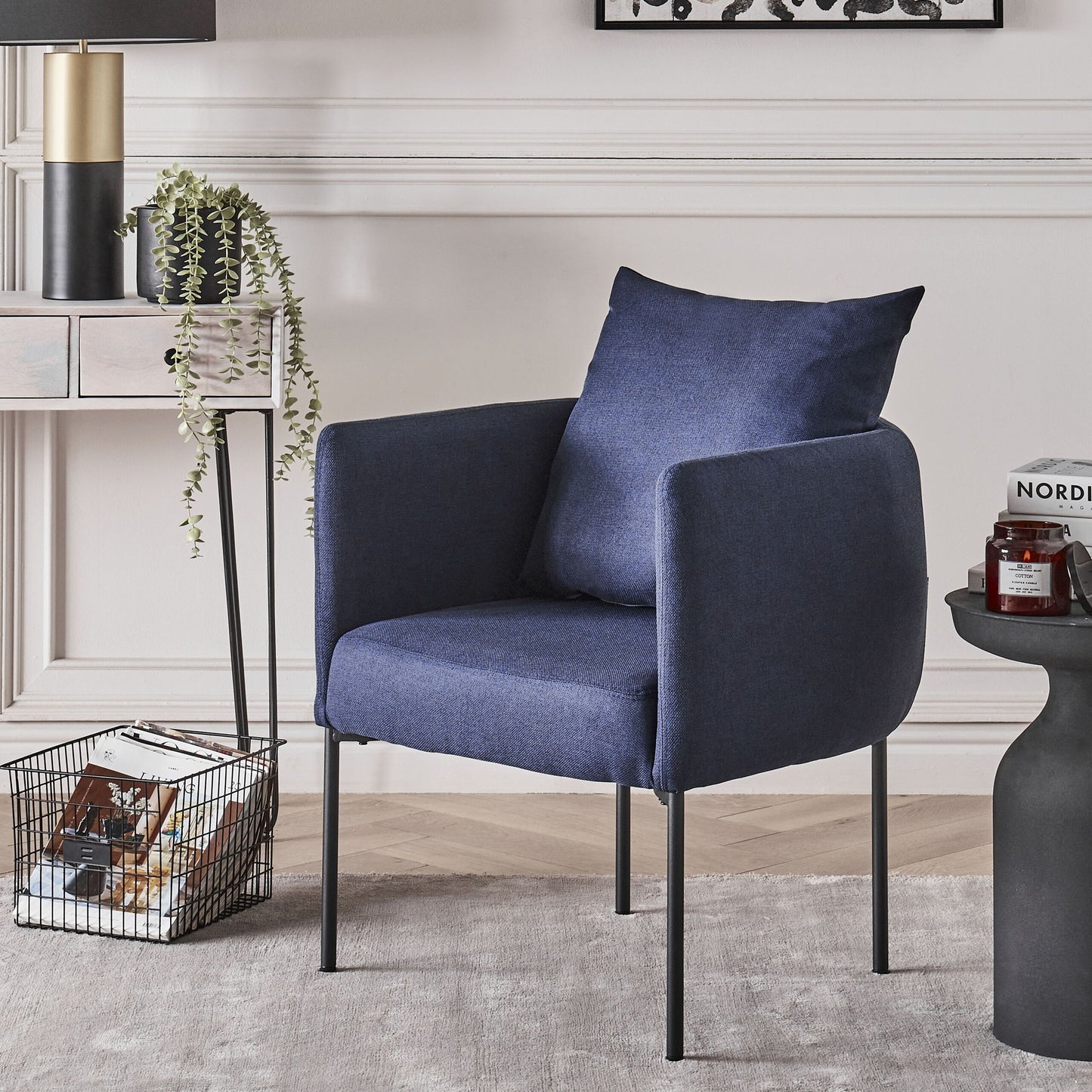 Armchair Dark Blue Faux Linen Black Iron Legs