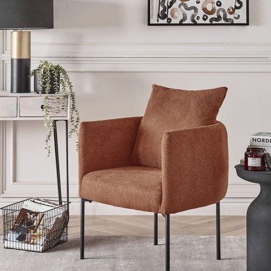 Armchair With Cushion Golden Brown Faux Linen Black Iron Legs