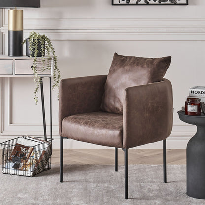 Armchair Cushioned Brown Faux Leather With Black Iron Legs