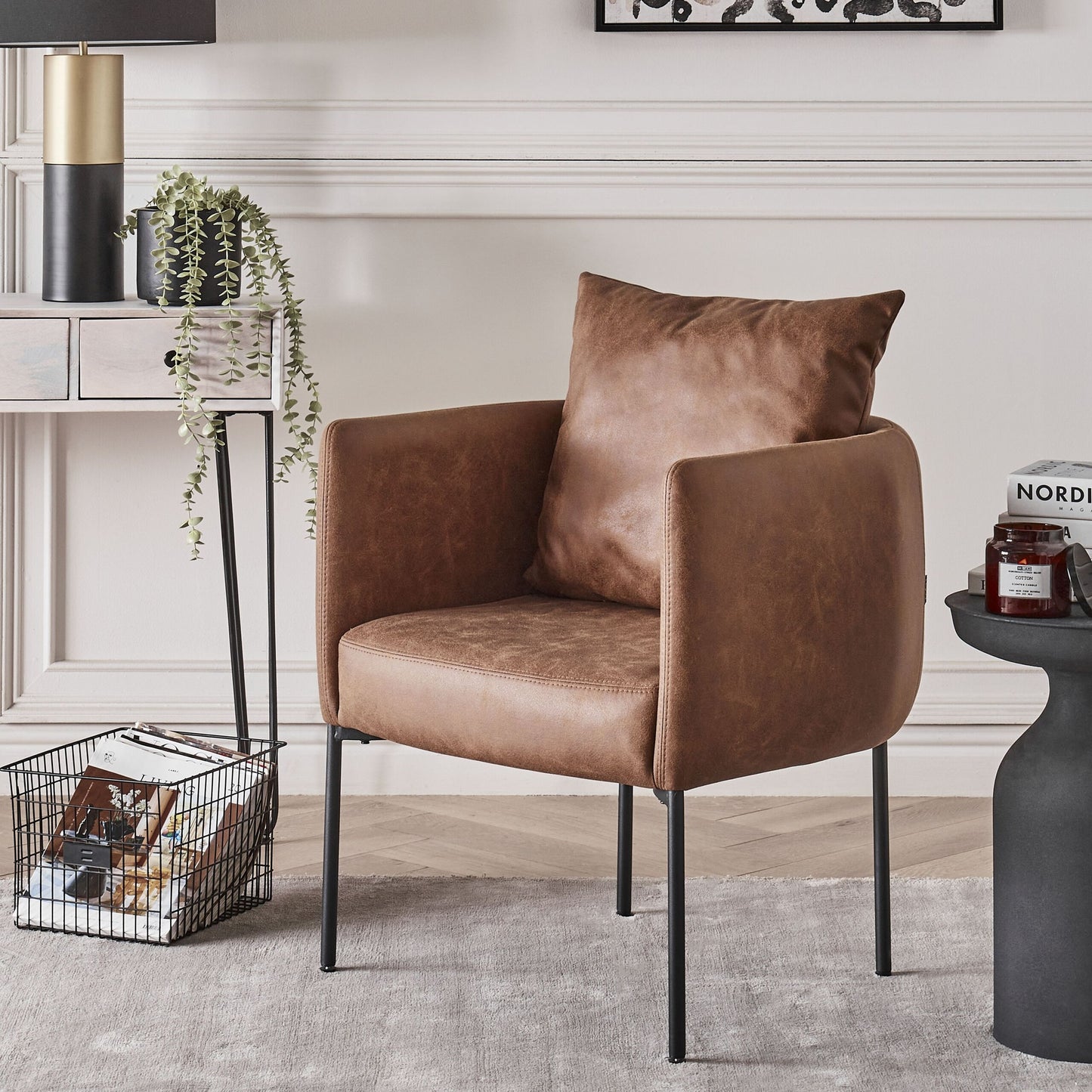 Retro Armchair With Cushion Brown Faux Leather Iron Legs