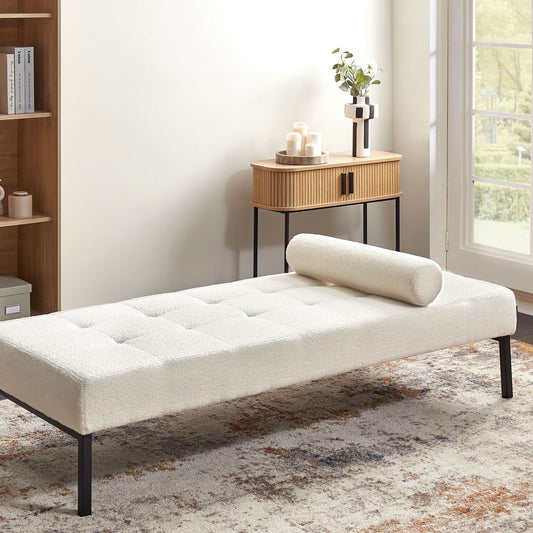 Modern White Boucle Chaise Longue With Metal Legs