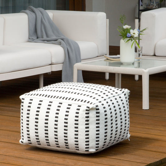 Garden Pouf White Black 50 x 50 x 30cm Outdoor Ottoman Handwoven