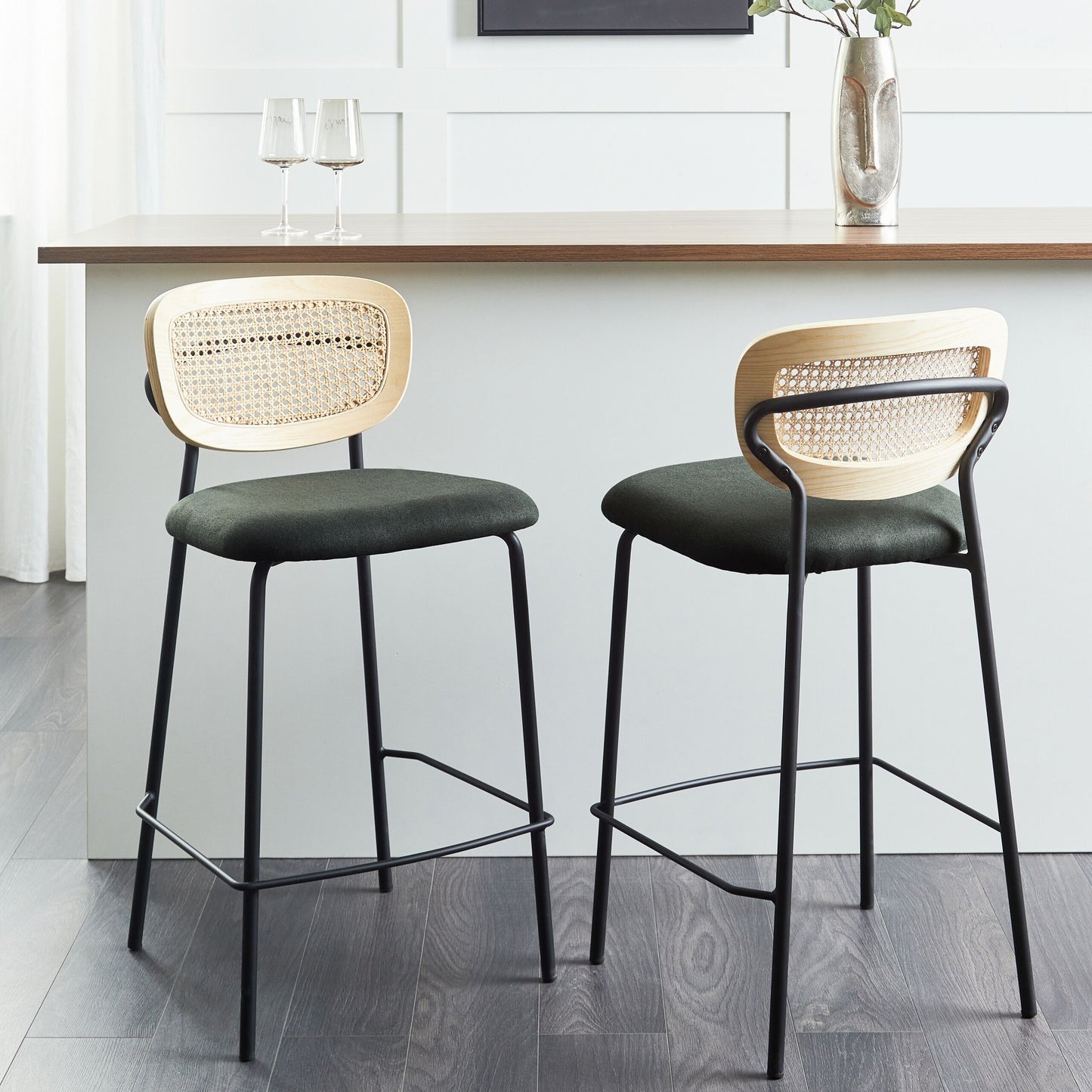 Viennese Rattan Bar Chairs Set of 2 Dark Green Upholstery