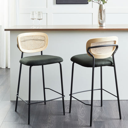 Viennese Rattan Bar Chairs Set of 2 Dark Green Upholstery