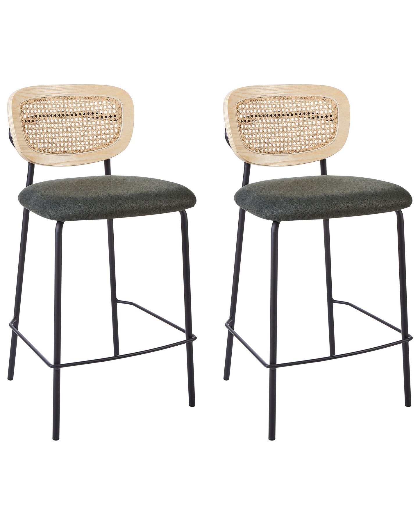 Viennese Rattan Bar Chairs Set of 2 Dark Green Upholstery