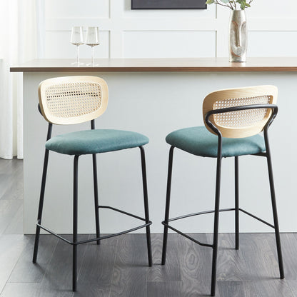 Signature Home Bar Chairs Set Of 2 Teal Blue Polyester Upholstery With Natural Rattan Viennese Braid Backrests
