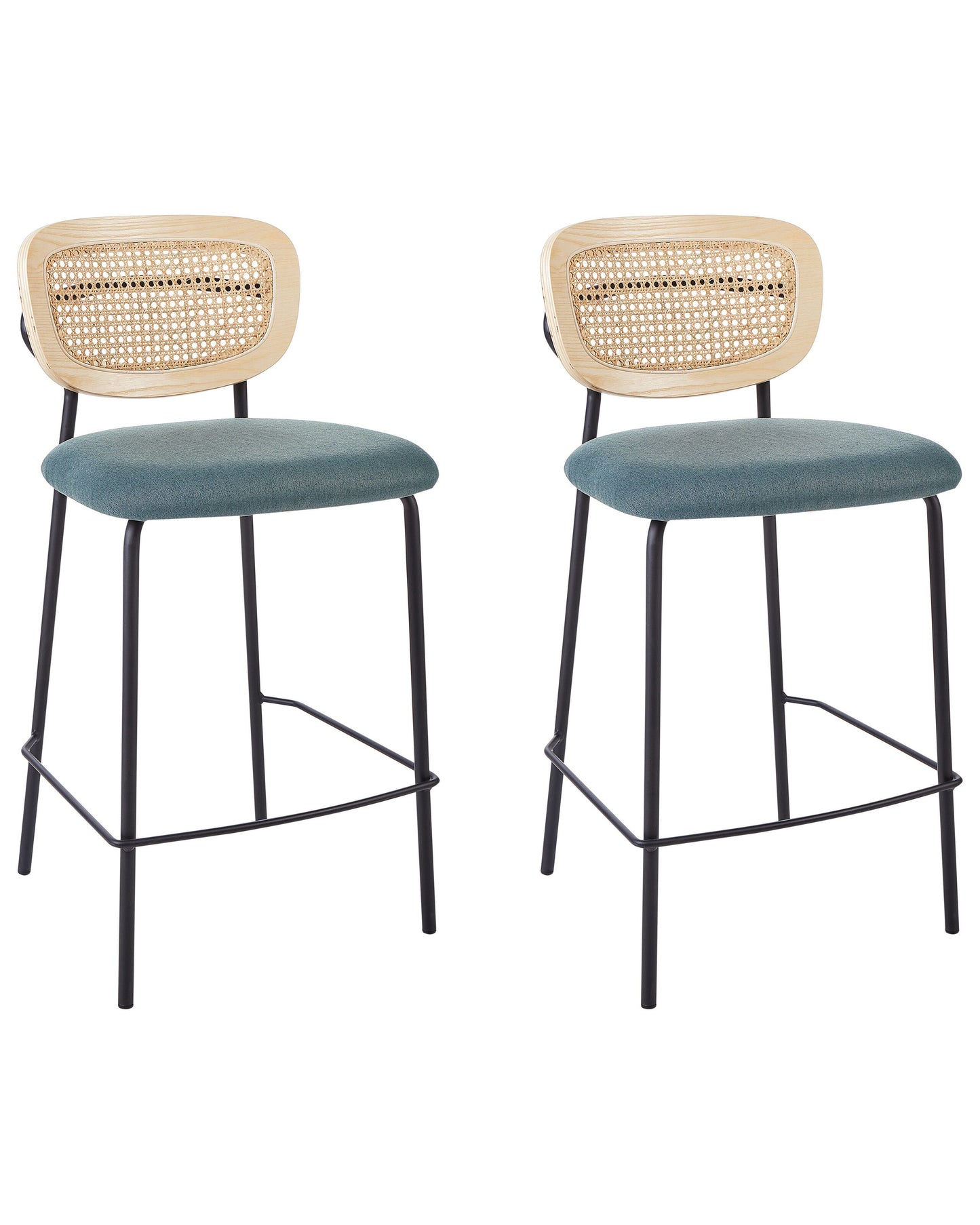 Signature Home Bar Chairs Set Of 2 Teal Blue Polyester Upholstery With Natural Rattan Viennese Braid Backrests