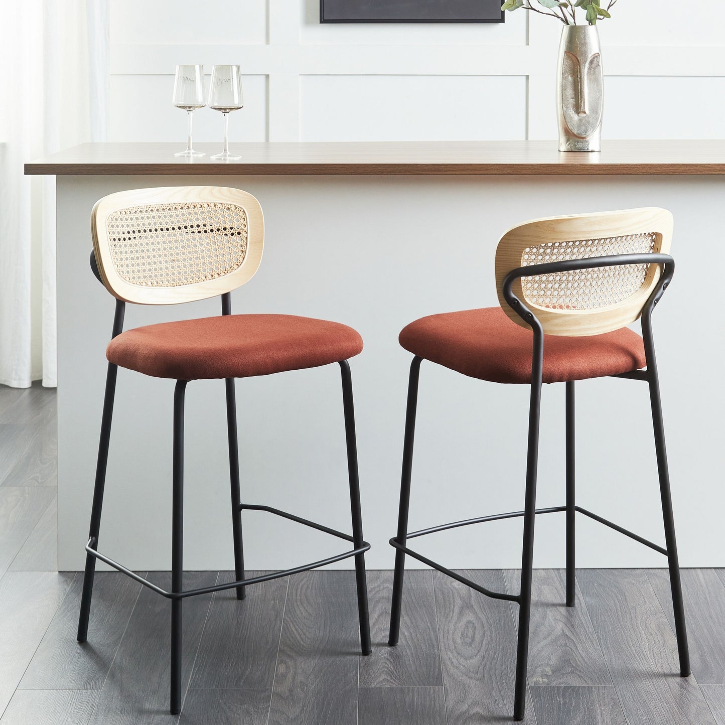 Viennese Bar Chairs Set Of 2 With Orange Polyester Upholstery