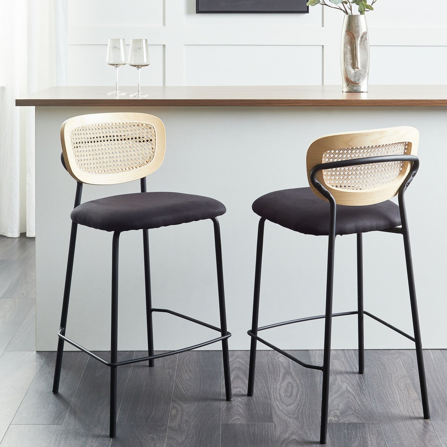 Set Of 2 Bar Chairs Black Polyester Upholstery Natural Rattan Viennese Braid Backrest Black Metal Legs Armless