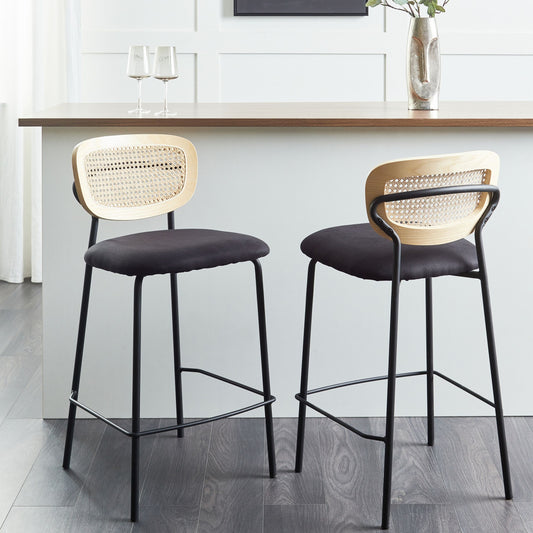 Set Of 2 Bar Chairs Black Polyester Upholstery Natural Rattan Viennese Braid Backrest Black Metal Legs Armless