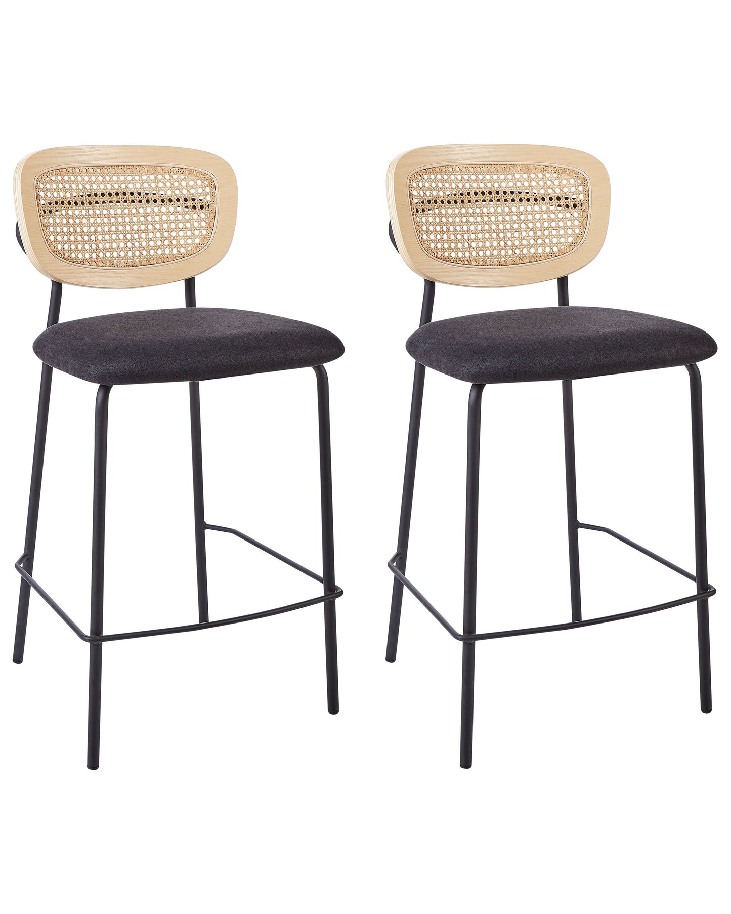 Set Of 2 Bar Chairs Black Polyester Upholstery Natural Rattan Viennese Braid Backrest Black Metal Legs Armless