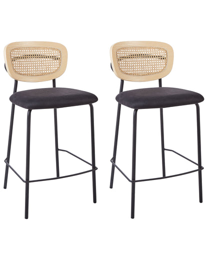 Set Of 2 Bar Chairs Black Polyester Upholstery Natural Rattan Viennese Braid Backrest Black Metal Legs Armless