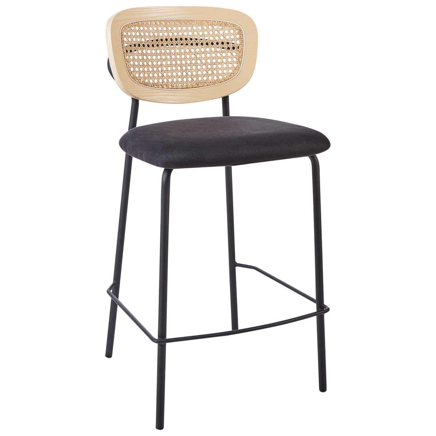 Set Of 2 Bar Chairs Black Polyester Upholstery Natural Rattan Viennese Braid Backrest Black Metal Legs Armless