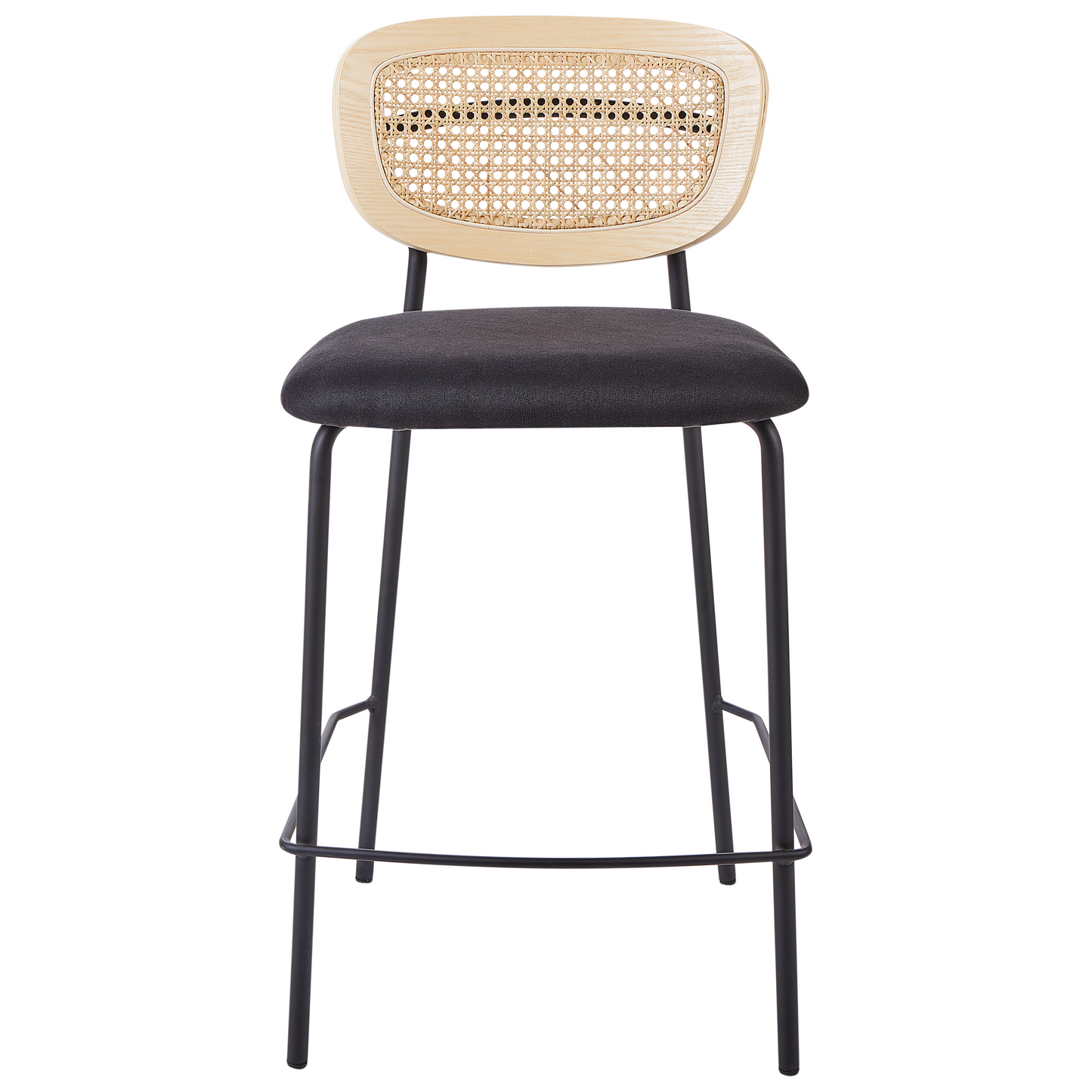 Set Of 2 Bar Chairs Black Polyester Upholstery Natural Rattan Viennese Braid Backrest Black Metal Legs Armless