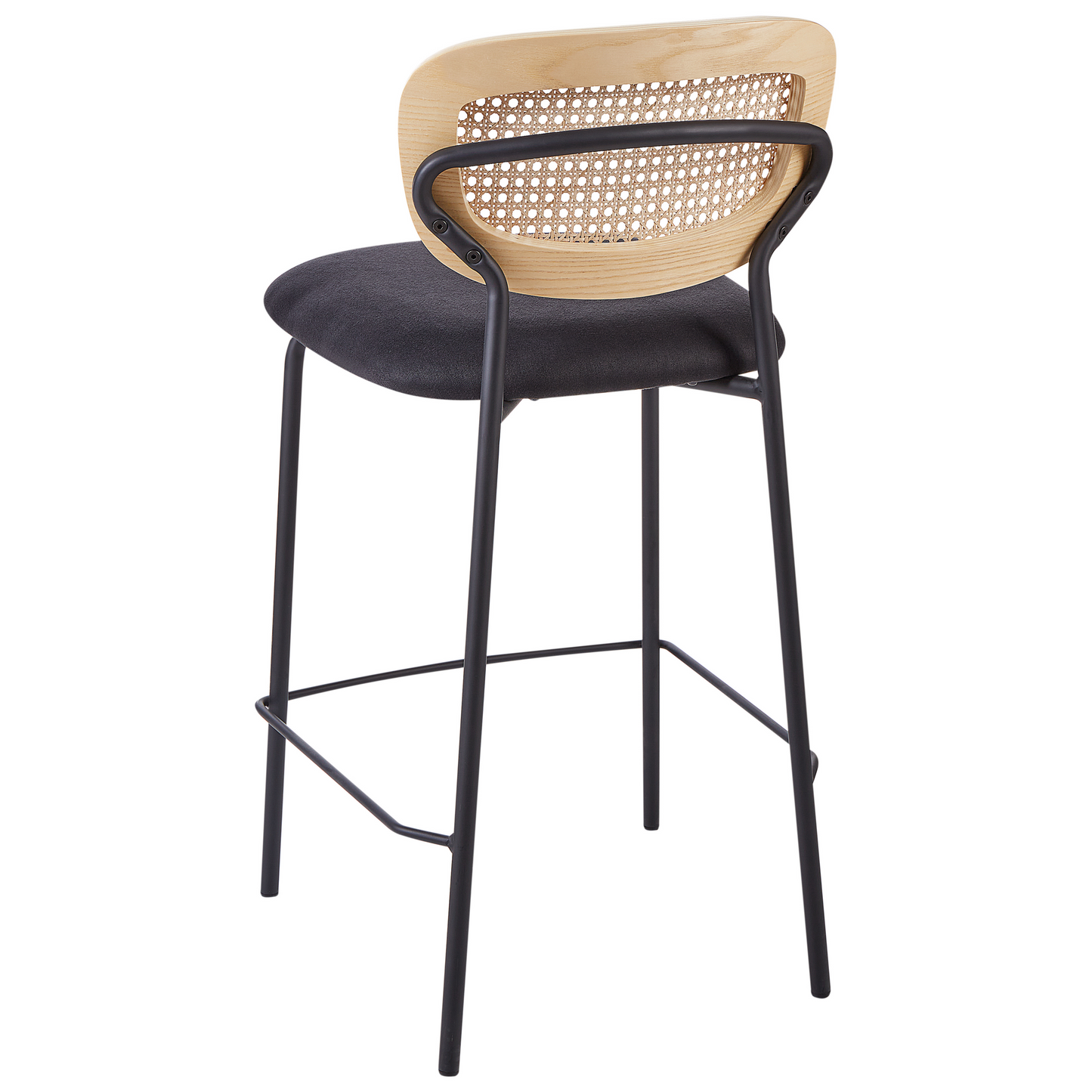 Set Of 2 Bar Chairs Black Polyester Upholstery Natural Rattan Viennese Braid Backrest Black Metal Legs Armless