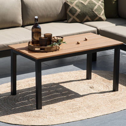 Garden Outdoor Coffee Table Light Plastic Wood Top 96 x 52 Black Aluminium Frame Durable