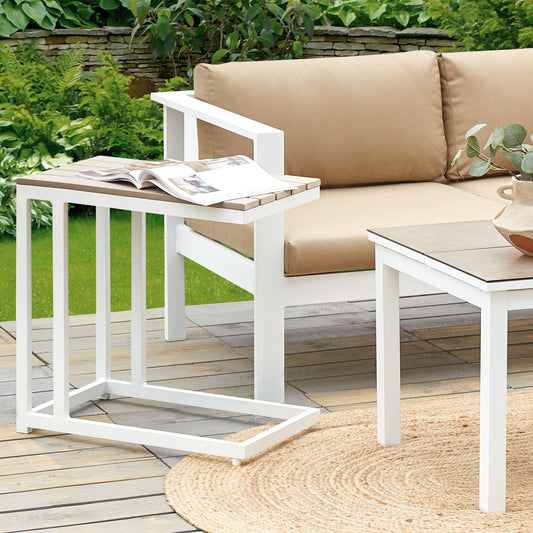 Garden Side Table With Light Plastic Wood Top And White Aluminum Frame