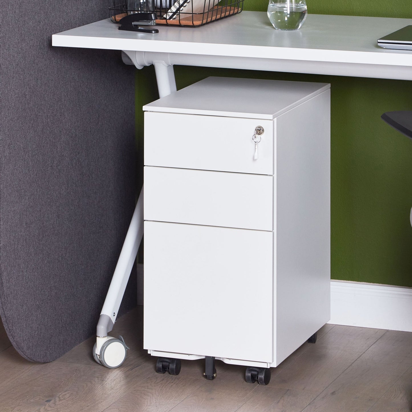 White Metal Storage Cabinet 3 Drawer Key Lock Castors