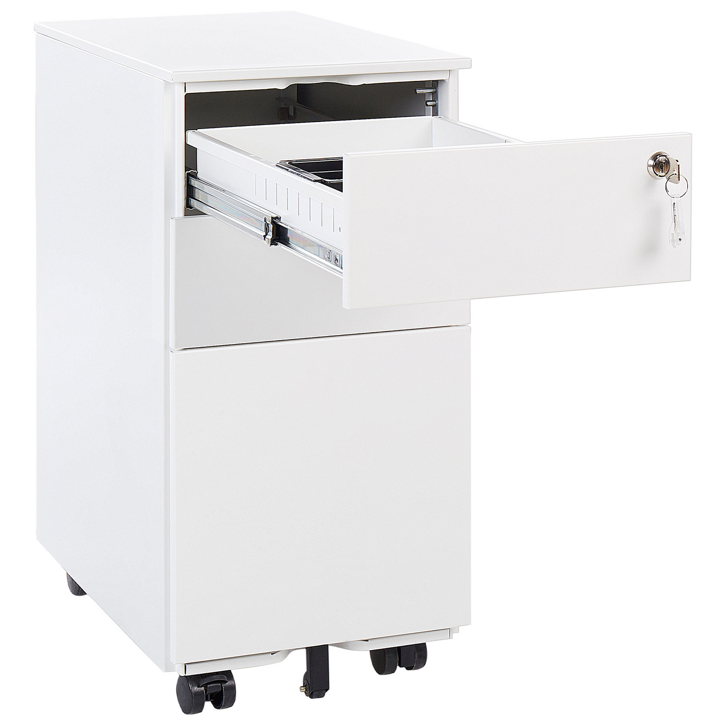 White Metal Storage Cabinet 3 Drawer Key Lock Castors