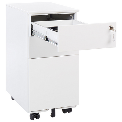 White Metal Storage Cabinet 3 Drawer Key Lock Castors
