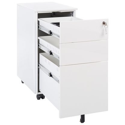 White Metal Storage Cabinet 3 Drawer Key Lock Castors