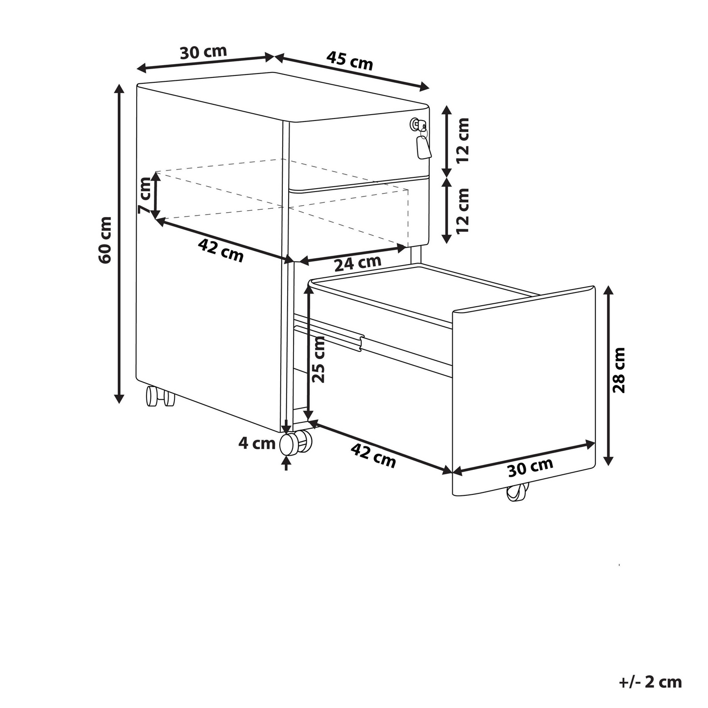White Metal Storage Cabinet 3 Drawer Key Lock Castors
