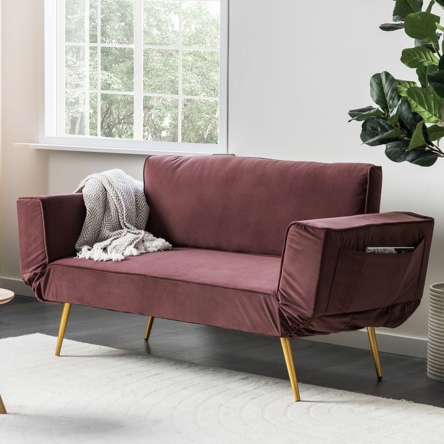 Fabric Sofa Bed Pink With Adjustable Armrests For Living Room Minimalist Comfort