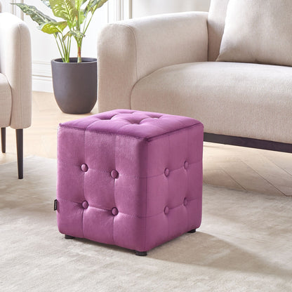 Purple Velvet Cube Footstool With Button Tufting