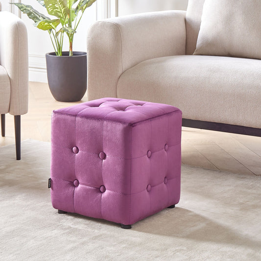 Purple Velvet Cube Footstool With Button Tufting