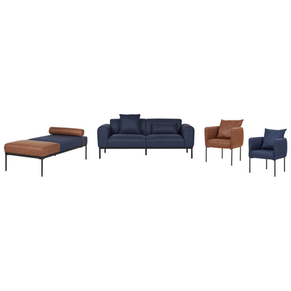 Armchair Dark Blue Faux Linen Black Iron Legs