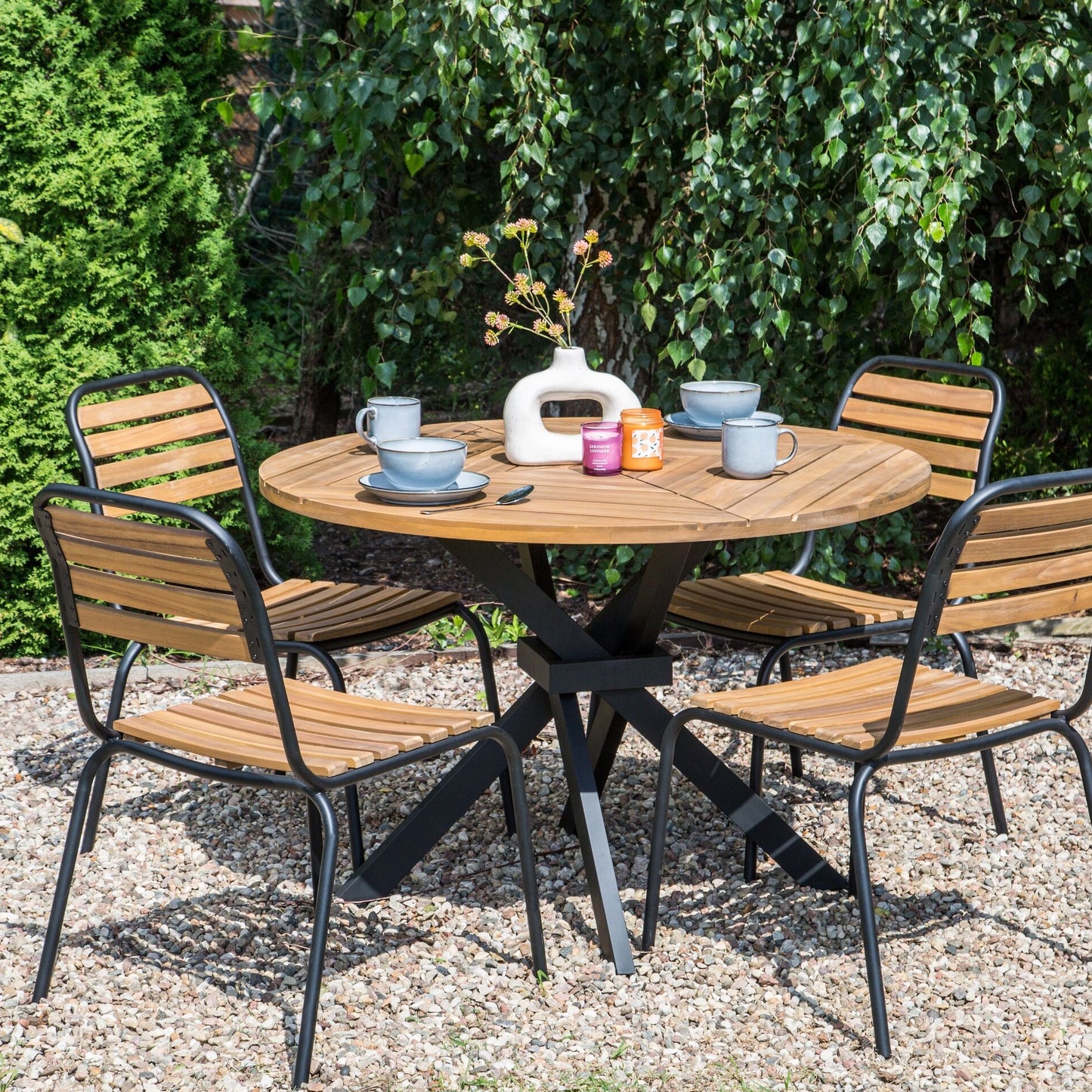 Garden Dining Table Acacia Round Top 110cm Slatted Design